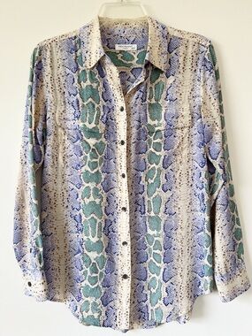 Equipment Printed 100% Silk Button-Front Blouse in Teal, Blue & Cream Size XS